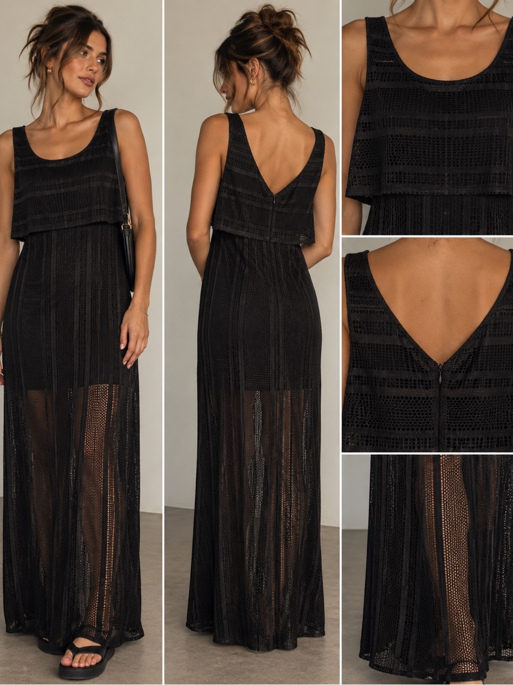American Living Black Crochet Maxi Dress with Layered Bodice